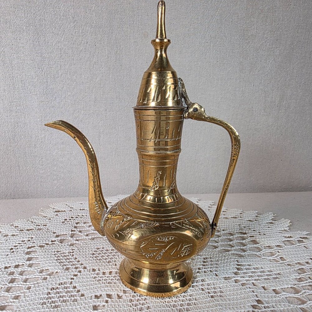 Vintage Engraved Brass India Water Pitcher Dallah Ewer Collectible 6"